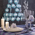 Elegant Tableware Set with Blue Decorative Balls Candles and Wine Glasses on Plaid Tablecloth