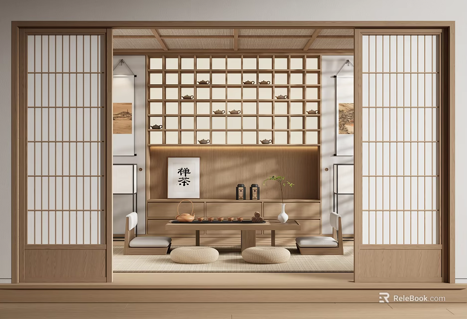 Traditional Japanese Tea Room Interior With Wooden Sliding Lattice Doors Tatami Mats And Tea Sets 3d model 
