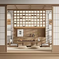 Traditional Japanese Tea Room Interior With Wooden Sliding Lattice Doors Tatami Mats And Tea Sets