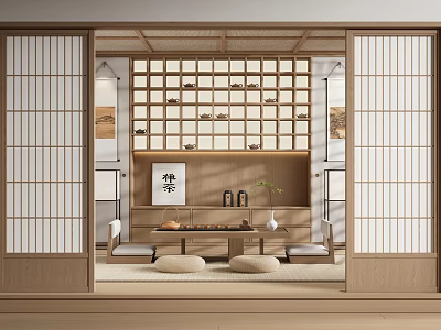 Traditional Japanese Tea Room Interior With Wooden Sliding Lattice Doors Tatami Mats And Tea Sets 3d model