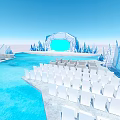 Frozen Ice Sculpted Building With Blue Swimming Pool And White Outdoor Sofas