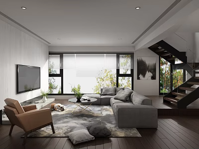 Modern Living Room Interior With Gray Sofa Brown Armchair Window Blinds And Green Plants 3d model