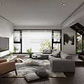 Modern Living Room Interior With Gray Sofa Brown Armchair Window Blinds And Green Plants
