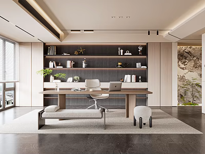 Modern Study Room Interior Design With Wooden Desk Chair Built in Bookshelf And Green Plant 3d model