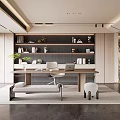 Modern Study Room Interior Design With Wooden Desk Chair Built in Bookshelf And Green Plant