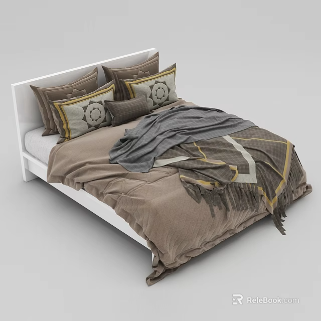 Double Bed with White Frame Brown Bedding Patterned Pillows and Gray Throw Blanket 3d model