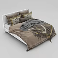 Double Bed with White Frame Brown Bedding Patterned Pillows and Gray Throw Blanket 3d model