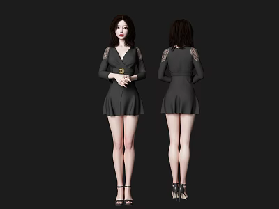 Woman Wearing Black Dress With Lace Sleeves Holding Flower Front And Back View In Heels 3d model