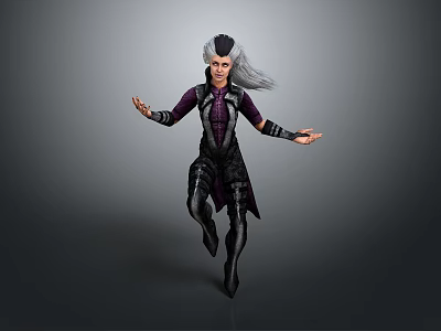 3D Female Fantasy Warrior With White Long Hair Dark Purple Armor Dynamic Pose Gray Background 3d model