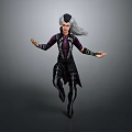 3D Female Fantasy Warrior With White Long Hair Dark Purple Armor Dynamic Pose Gray Background