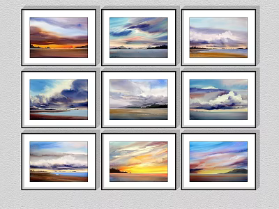 Nine Framed Sunset Sky Cloud Landscape Paintings In Grid Arrangement 3d model