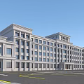 White Multistory Building With Numerous Windows Front Entrance And Emblem Under Blue Sky