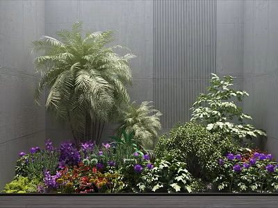 Garden Flowers And Plants Featuring Tall Fern Purple Red Blooms Green Shrubs Against Gray Wall 3d model