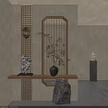 Wooden Lattice Partition With Bamboo Plant Stone Ornaments And Warm Lighting In Modern Interior Design
