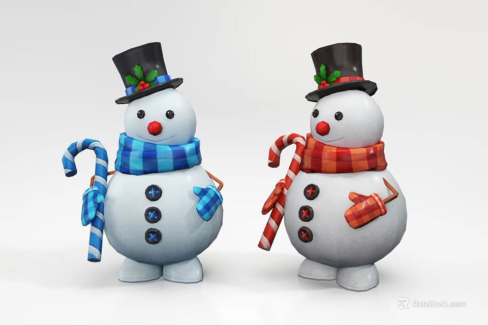 Cute Snowman Dolls With Top Hats Scarves Candy Canes And Colorful Buttons 3d model 