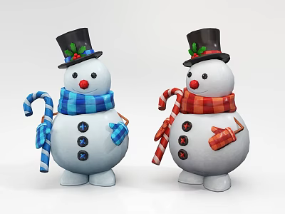 Cute Snowman Dolls With Top Hats Scarves Candy Canes And Colorful Buttons 3d model