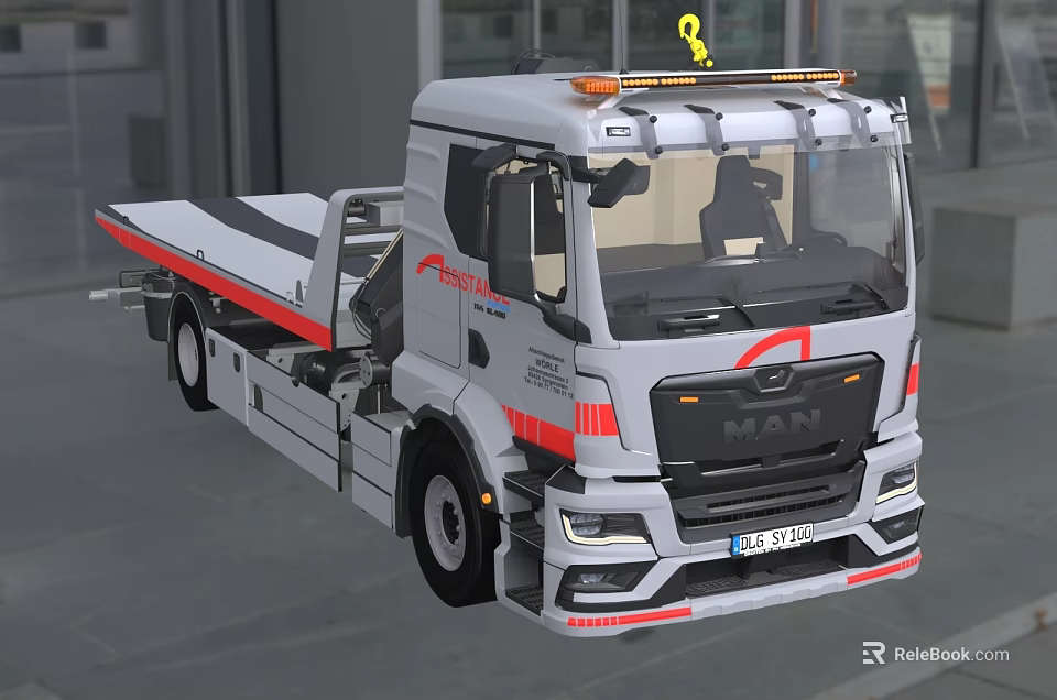White MAN Tow Truck with Red Stripes Roof Lights for Vehicle Towing Rescue 3d model 