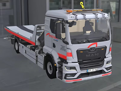White MAN Tow Truck with Red Stripes Roof Lights for Vehicle Towing Rescue 3d model