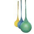 Garden Landscape Decor With Hanging Colored Woven Balls In Yellow Blue Green