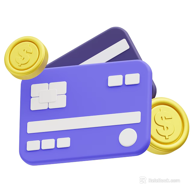 Decorative Ornament Set with Purple Credit Card and Gold Coins with Dollar Signs 3d model 