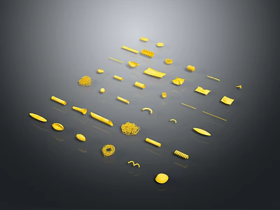 Golden Colored Food Pieces Scattered On Black Background With Various Shapes 3d model