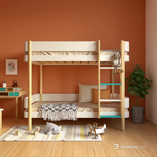 Wooden Kids Bunk Bed with Green Ladder Cozy Blanket Soft Mattress and Pillows 3d model 