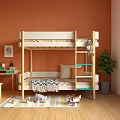 Wooden Kids Bunk Bed with Green Ladder Cozy Blanket Soft Mattress and Pillows