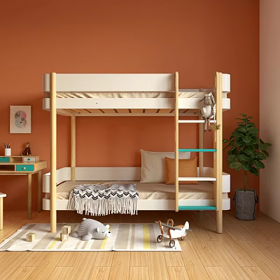 Wooden Kids Bunk Bed with Green Ladder Cozy Blanket Soft Mattress and Pillows 3d model