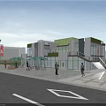 Modern Container Building With Green Roof Glass Windows Outdoor Seating And People Walking