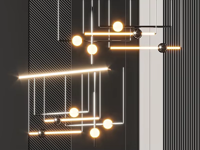 Modern Geometric Line Chandelier Design With Illuminated Bulbs And Black White Background 3d model