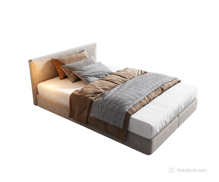 Modern Single Bed With Upholstered Headboard Cozy Striped Bedding And Pillows 3d model 