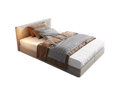 Modern Single Bed With Upholstered Headboard Cozy Striped Bedding And Pillows 3d model