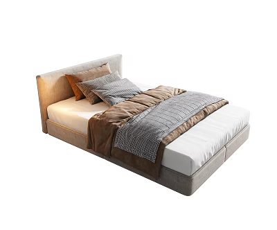 Modern Single Bed With Upholstered Headboard Cozy Striped Bedding And Pillows 3d model