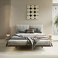 Modern Double Bed Interior With Plush Pillows Blanket Plant And Decorative Art