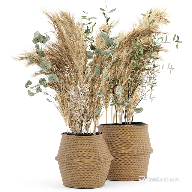 Bonsai Potted Plants in Woven Pots with Dried Grass Eucalyptus Leaves and Small Branches 3d model 