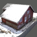 Old Barn With Wooden Walls Stone Base Gray Roof Windows Snowy Ground And Ice