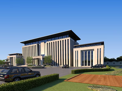 Modern Office Building Exterior Featuring Vertical Lines Large Glass Windows And Landscaped Garden 3d model