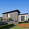 Modern Office Building Exterior Featuring Vertical Lines Large Glass Windows And Landscaped Garden