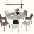 Round Marble Dining Table Set With Striped And White Chairs And Hanging Light 3d model