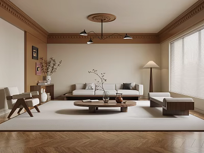 Cozy Retro Living Room With Natural Solid Wood Furniture And Soft Beige Interior Design 3d model