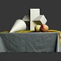 Still Life Arrangement With Cross Shaped Geometric Object Cone Apples And Tablecloth On Table