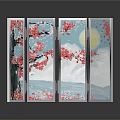 Four Panel Room Divider Screen With Cherry Blossom Moon And Blue Artistic Design 3d model