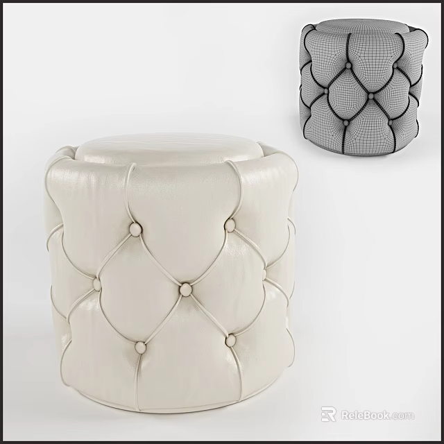 White Leather Round Ottoman With Tufted Diamond Stitching And Button Details 3d model