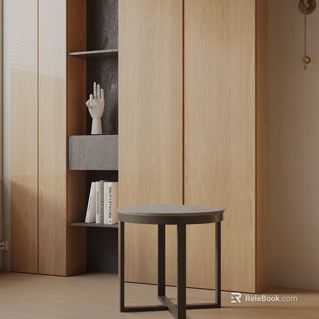 Minimalist Living Room Side Table With Round Top Wooden Cabinet Books Hand Sculpture 3d model 