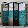 Three Panel Folding Screen With Teal Green Abstract Pattern And Wooden Frame For Interior Decor 3d model