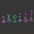 Metallic Silver Chess Pieces Arranged in Row on Black Reflective Surface 3d model