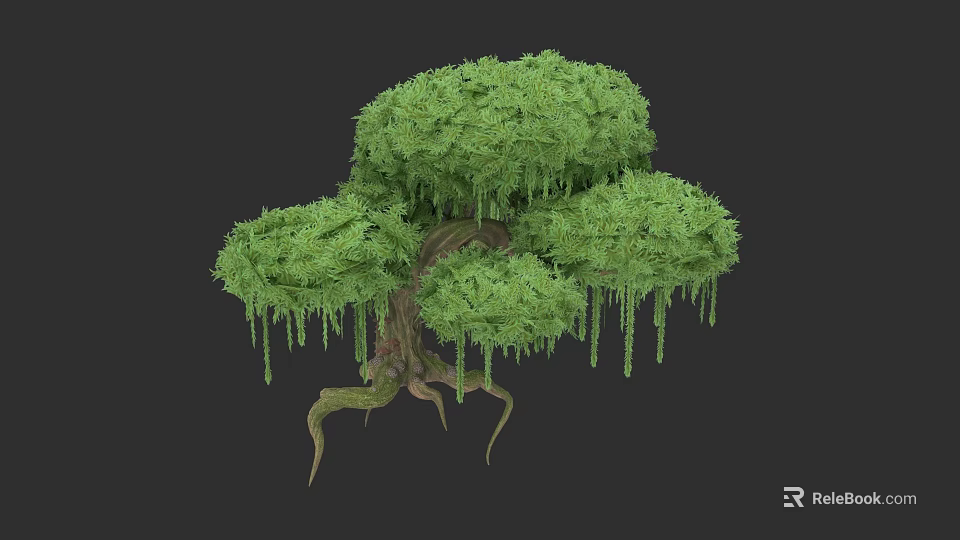 Lush Green Arbor With Dense Canopy Hanging Moss And Exposed Roots 3d model 