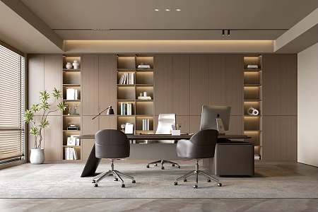 Modern office background wall bookcase office bookcase background wall solid wood office desk and chair combination 3d model