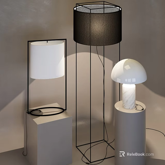 Modern Lighting Combination With Black Frame White Shade And Mushroom Table Lamps And Floor Lamp 3d model 