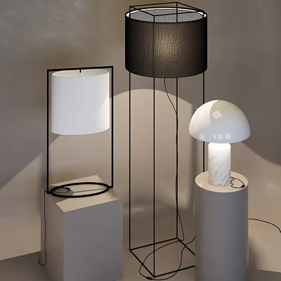 Modern Lighting Combination With Black Frame White Shade And Mushroom Table Lamps And Floor Lamp 3d model